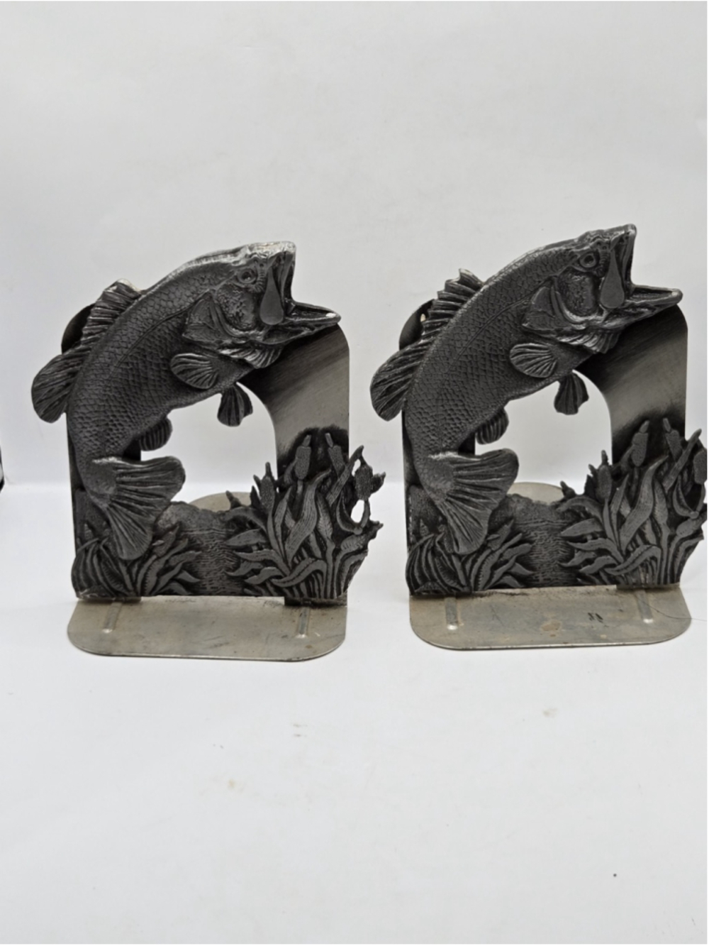 Metzke Pewter Book Ends #445 Fishing Large Mouth Bass 1980's USA Made 6.5”